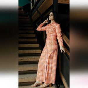 Love + Harmony Long Button Down Orange Plaid Shirt Dress Medium